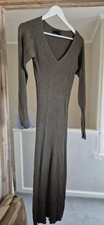 ASOS DESIGN Khaki Rib Knit V-Neck Long Sleeve Stretch Midi Dress UK 14