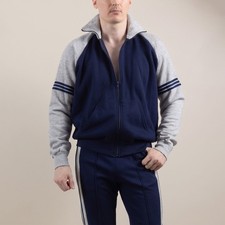 Vintage 80s Bassett Walker Track Jacket XL Navy Grey Made in USA Retro Athletic