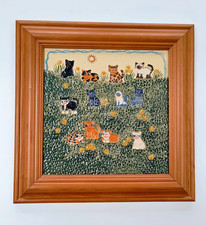 Handmade Studio Pottery Tile – Naive Cat Design – Framed Ceramic Art in Pine