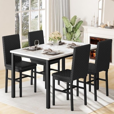 Weißer Kunstleder Esstisch & 4 schwarze PU Leder Stühle Set für kleine Räume