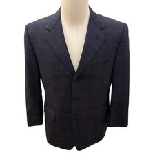 Canali Men's Three-Button Sport Coat Blazer in Dark Blue Windowpane Check Wool,