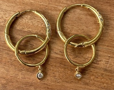 Authentic PANDORA Flower Stem Gold Plated Hoop Dangle Earrings CZ 925