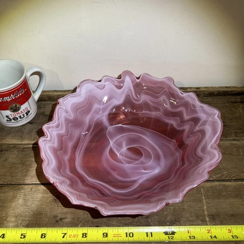Stunning Vintage Hand Blown Abstract Murano Pink/White Swirl Art Glass Bowl 10”