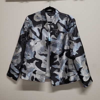 Ming Wang Womens Abstract Floral Jacquard Open Front Jacket Black Silver Blue M
