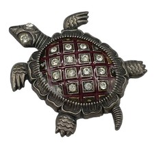 Red Enamel  Rhinestone Sea Turtle Brooch Pewter Tone Figural Pin 1 3/4"