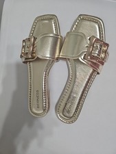 Metal Buckle Slides for Women Summer Dressy Slip-on Flat Sandals Square Toe