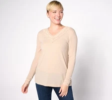 LOGO by Lori Goldstein V- Neck Waffle Mesh Top with Lace Trim Simply Taupe M New