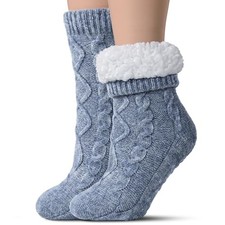 Slipper Socks for Women with Grippers Non Slip, Sherpa Lined Large Blue