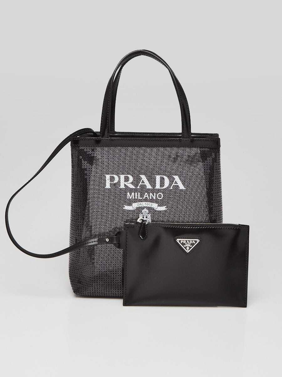 Prada Black Sequin Mesh and Leather Small Tote Bag 1BG417