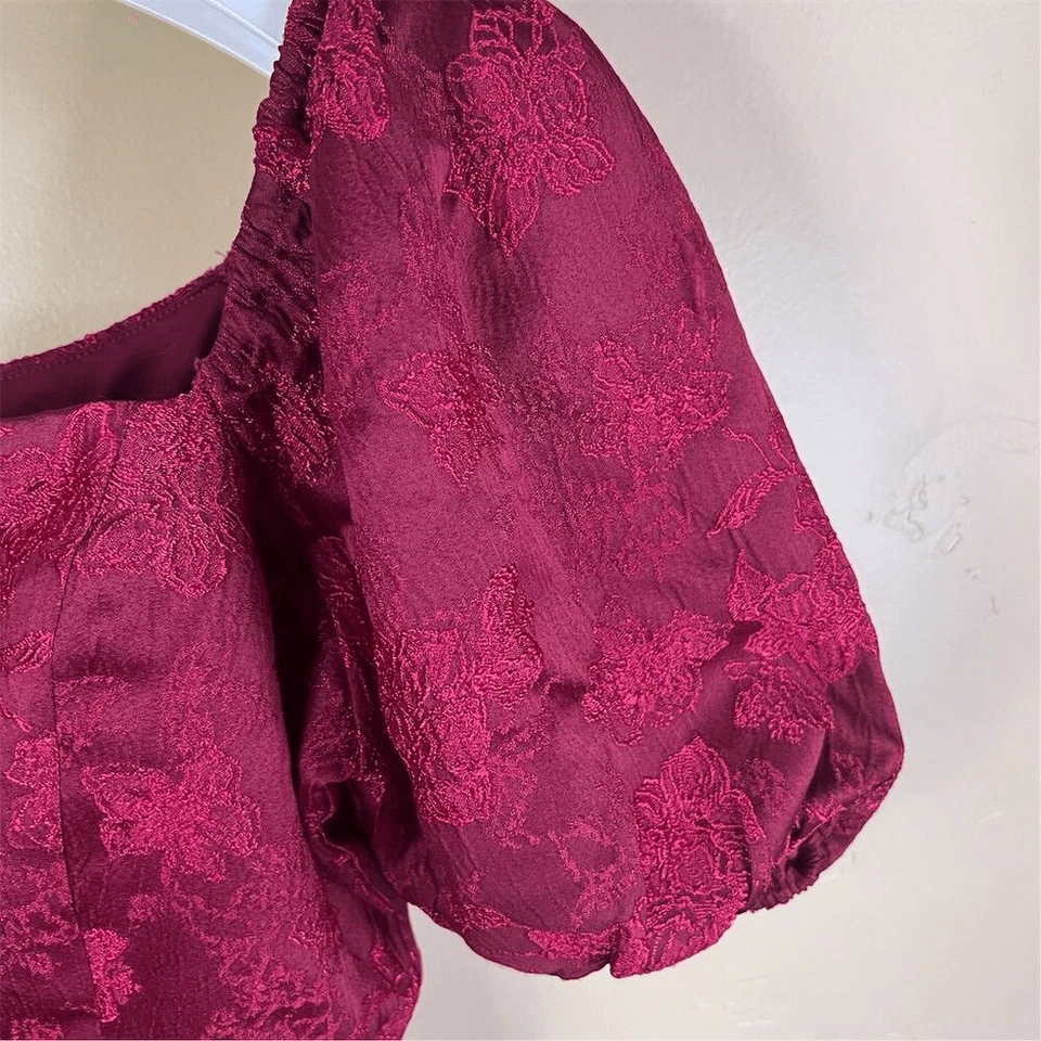 Exuberante Vestido Para Mujer Talla Grande Rojo Floral Jacquard Manga Abullonada Ropa Formal Foto 4 de 4