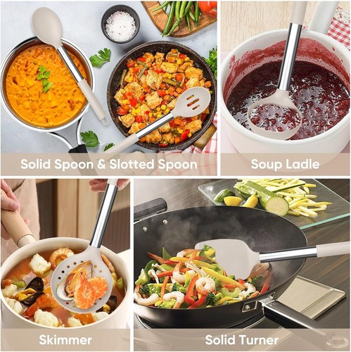 8pc Silicone Kitchen Utensils w/Stainless Handle,Nonstick&Dishwasher Safe-Khaki - Picture 5 of 7