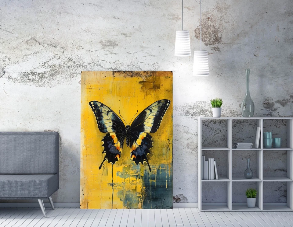 PRETTY BLACK AND YELLOW BUTTERFLY FRAMED CANVAS WALL ART PICTURE PRINT - Image 2 of 2
