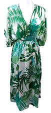Boutique Sundress Small Fit And Flare Green Floral Maxi Deep V Neck Dress Slit