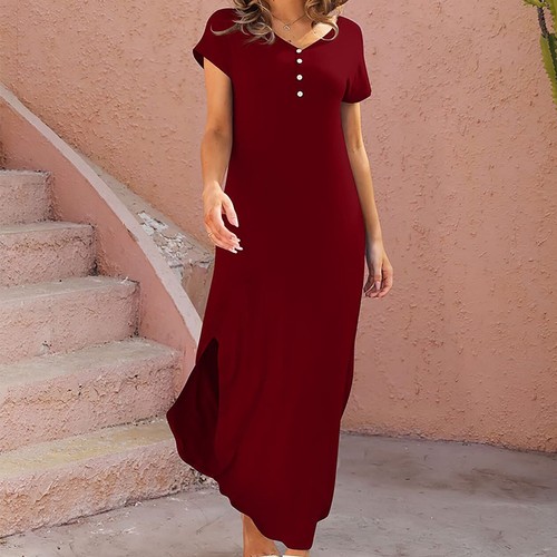 Women's Fashion Button V Neck Long Dress Short Sleeve Split Loose Ankle Dress - Picture 12 of 18