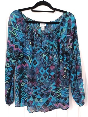 Chico's 100% Silk Peasant Boho Sheer Teal Print Women's Blouse Top Sz 2=12/Large