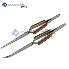 New 2pc 6.5" Combo Cross Lock Tweezers Self Closing Str  Bent Tip w /Fiber Grip