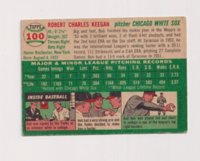 top 100 rare baseball cards BOB KEEGAN 1954 TOPPS BASEBALL VINTAGE BASEBALL CARD #100 CHICAGO WHITE SOX  RARE