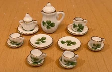 Dollhouse Miniature Shamrock Clover Tea Coffee Set Green White