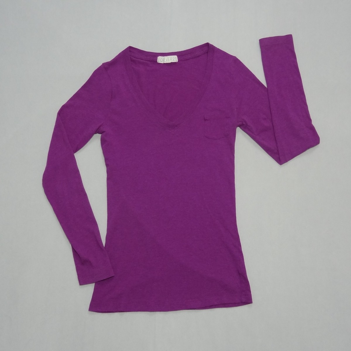 Forever 21 Solid light Purple Pocket Top Long Sleeve Shirt V Neck Women's  Size S - Main Image