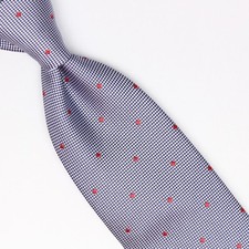 John G Hardy Mens Silk Necktie Blue Silver Dobby Weave Red Polka Dot Italy Tie