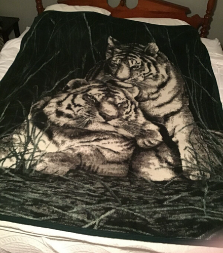 Biederlack of America Vintage grün grau Tiger Print Wendedecke Überwurf - Bild 1 von 8