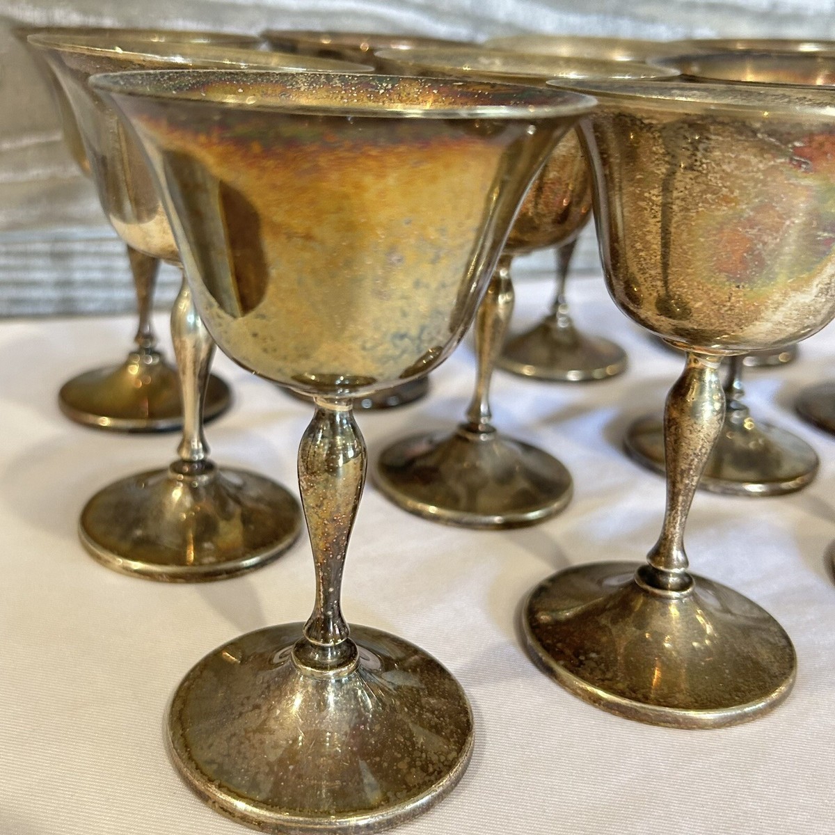 RM Ierns Set (12) Brass Aluminum Pedestal Wine Drink Goblets Ornate Stems