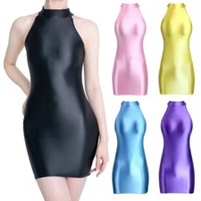 Women Sexy Shiny Bodycon Dresses Wetlook Pencil Skirts Party Stretch Sleeveless