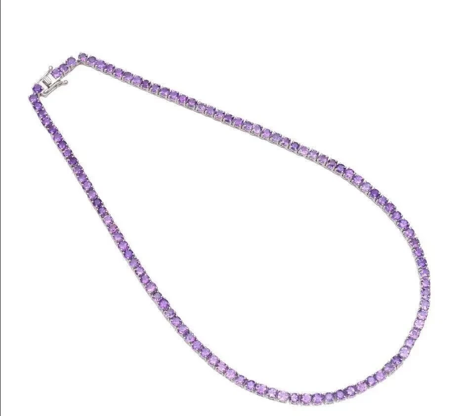 3MM Round Lab Created Amethyst Women's Tennis Necklace 14K White Gold Plated 18" - Image 4 of 4