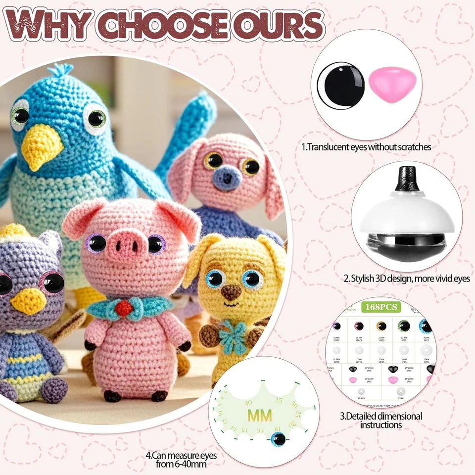 160 piezas Ojos de seguridad para ganchillo 12-35 mm 3D Luna Seguridad Ojos y narices para Foto 3 de 4