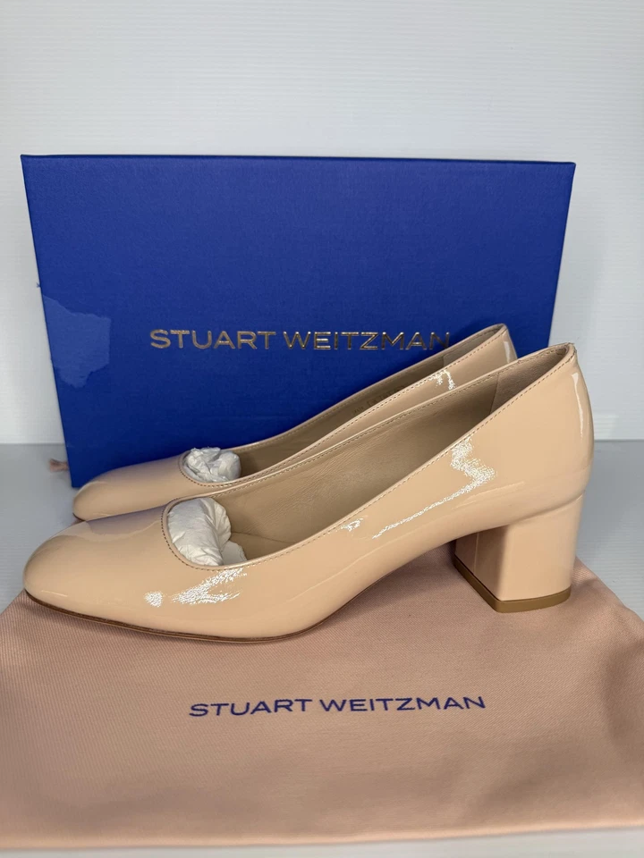 Stuart Weitzman Shoes Womens Size 7.5 Nude Beige Patent Pumps Square Toe MAEV 50 - Image 4 of 4