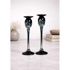 Signed Correia Art Glass Pulled Feather Candlesticks Pair 10” Vintage