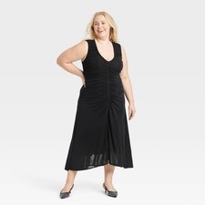 A New Day Dress Womens 2X Black Midi Ruched Lined Sleeveless V Neck Sundress NWT