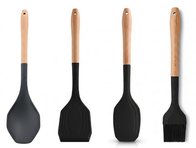 4-teiliges Silikon Nylon Küchenutensilien Set - Solider Löffel, Wender, Spatel & Bürste
