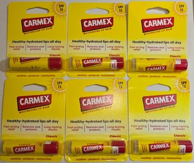 6x Carmex Classic Lip Balm Stick SPF15 Moisturising Protecting Soothing 4.25g