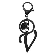 Initial Letter V Keychain, Stainless Steel Heart Alphabet Key Ring, Black