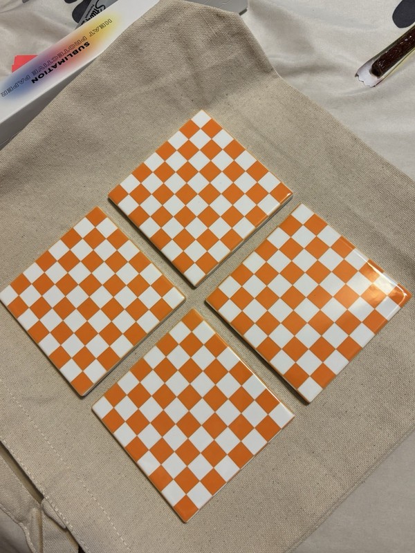 Set of 4 Sublimated Ceramic Coasters Orange & White Checkered Square Coaster Set