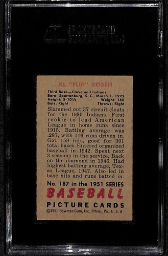1951 Bowman #187 Al "Flip" Rosen - Auto - SGC 4 - Picture 2 of 2