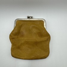 Vintage Mustard/tan Leather Coin Purse Change Pouch Metal Frame Kiss Clasp