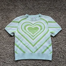 SO Goods For Life Womens Green Heart Striped Knit Short Sleeve Top