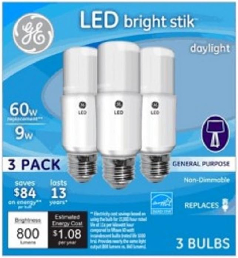 GE 9W LED Bright Stik Daylight 5000K 800 Lumens 3 Pack