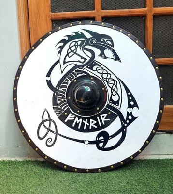 Viking Wooden Shield 24'' Wolf Design Hand Painted Battle Ready Decor EleganceEpo