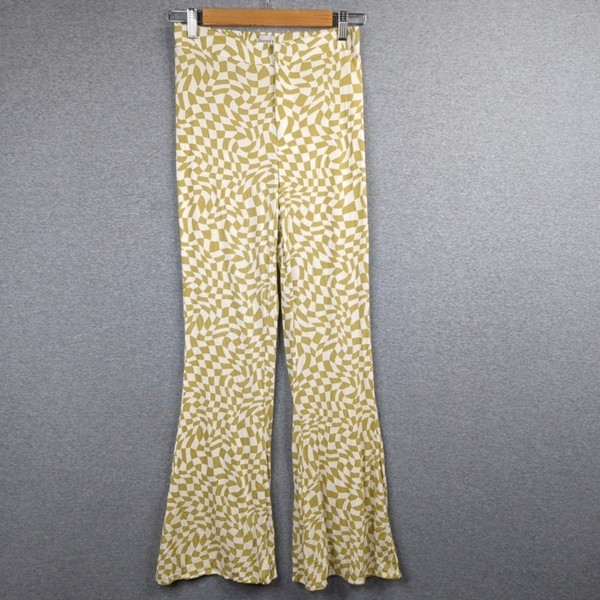 Ghanda Pants Womens 8 Green White Flares Elastic Back Waist Lightweight Summer