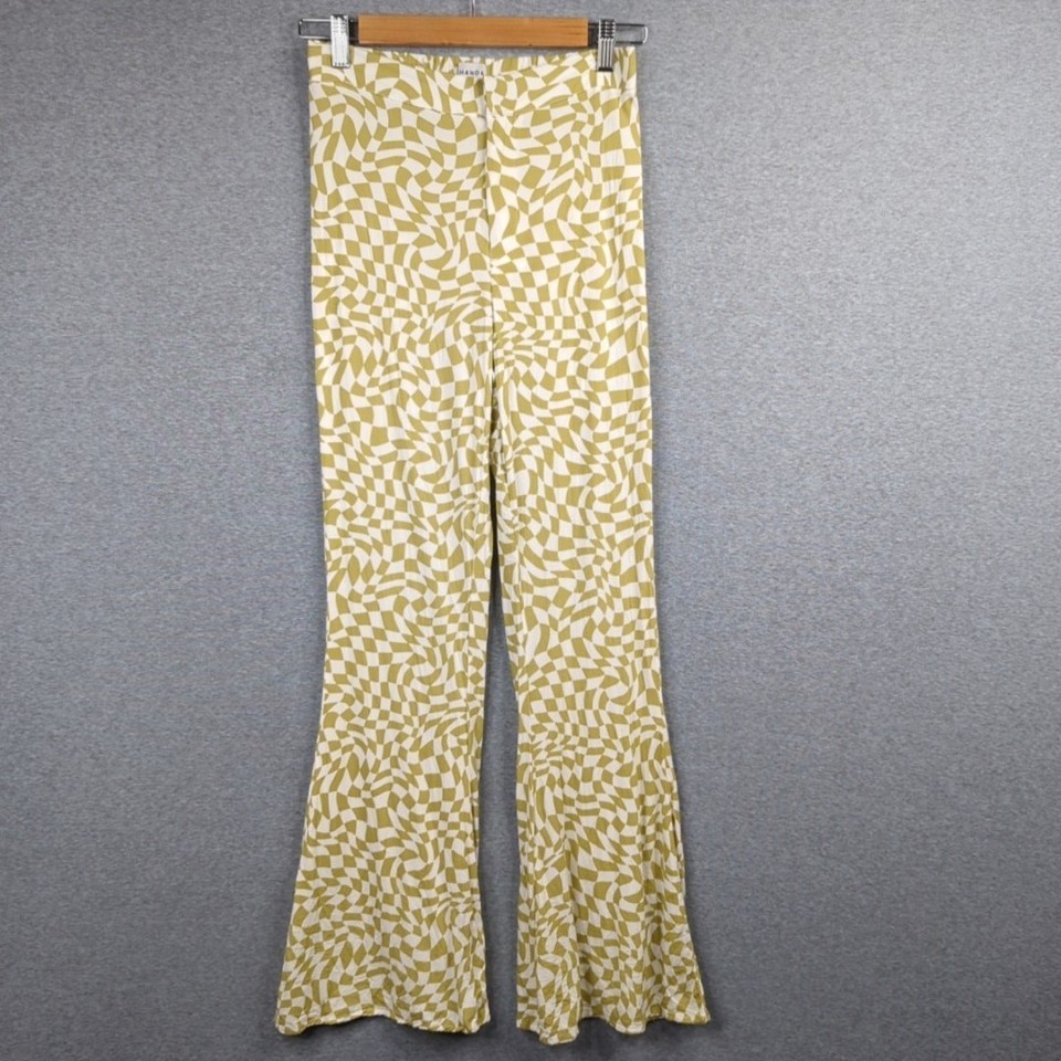 Ghanda Pants Womens 8 Green White Flares Elastic Back Waist Lightweight Summer