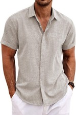 Coofandy Men's Linen Shirts Short Mens Sleeve Casual Button Down Shirt for Beach