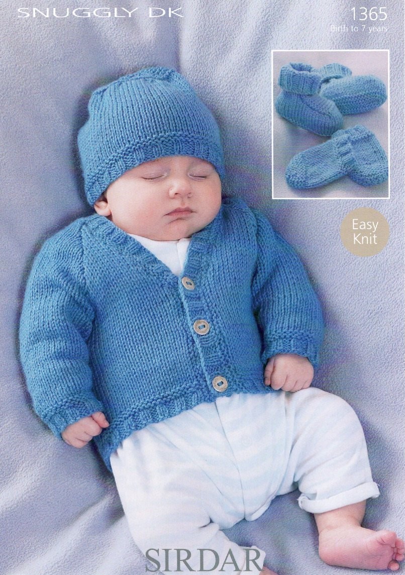 Sirdar Snuggly DK Knitting Pattern - 1365 Cardigan, Hat, Bootees & Mitts
