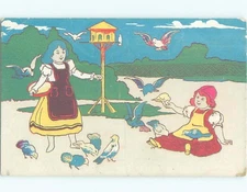 Pre-Linen GIRLS PLAYING WITH THE BIRDS : make an offer AC2211