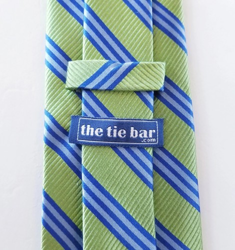 The Tie Bar Green, Blue & Gray Striped Print Men's 100% Silk Tie 3 1/2" x 62" - Picture 4 of 6