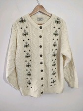 Vintage Womens Cardigan 18 20 Cream Casual Long Sleeve Chunky Knit Embroidered