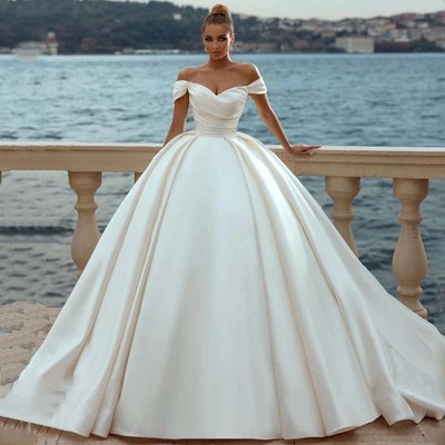 Elegant  Wedding Dresses Off Shoulder Sweep Train Bride Satin Evening Gowns Sexy