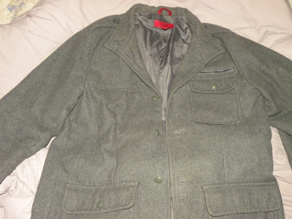 VINTAGE Alfani fitted Mens Large Wool Jacket Coat Military Style Grey Fashion - Image 4 of 4